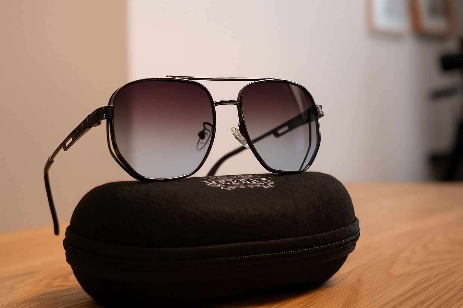  Meeran Polo sunglasses with black gradient lenses and a black frame, featuring UV and polarized protection.
